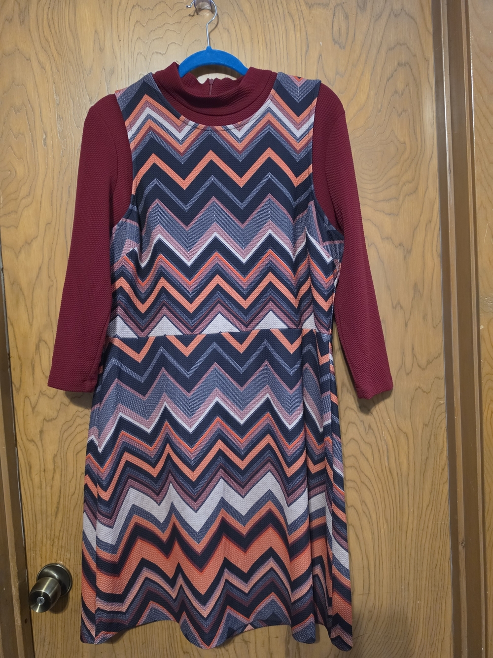ECI Chevron Knit Dress in Navy, Coral and Burgundy
